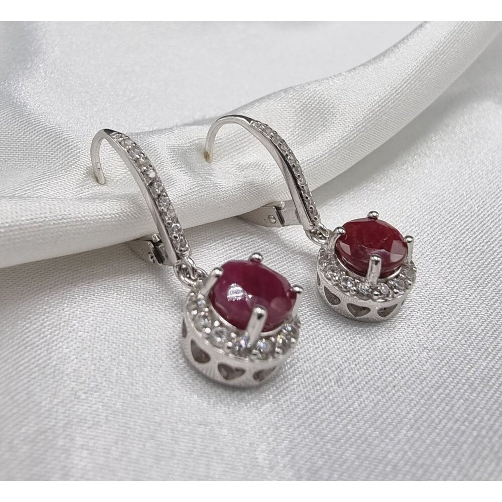 925 Sterling Silver Red Ruby Drop Earrings With Sparkling Accent Stones